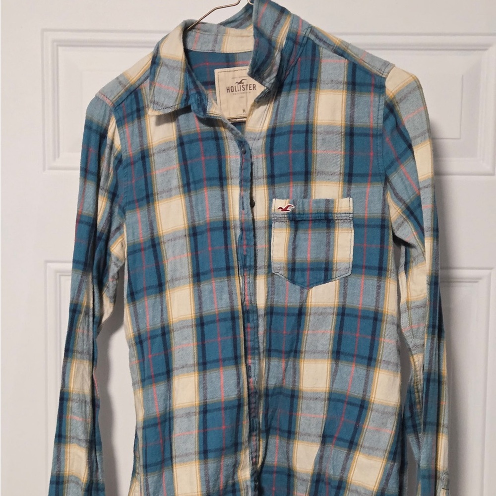 Hollister Teal and Cream Plaid Shirt